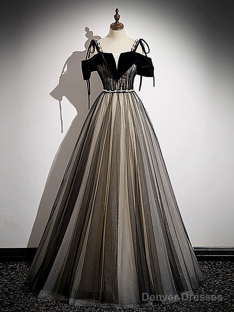 A-Line Tulle Black Long Prom Dress, Black Long Formal Dress Main image