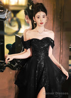 A-Line Tulle Black Off Shoulder Long Evening Dress, Black Sequins Prom Dress
