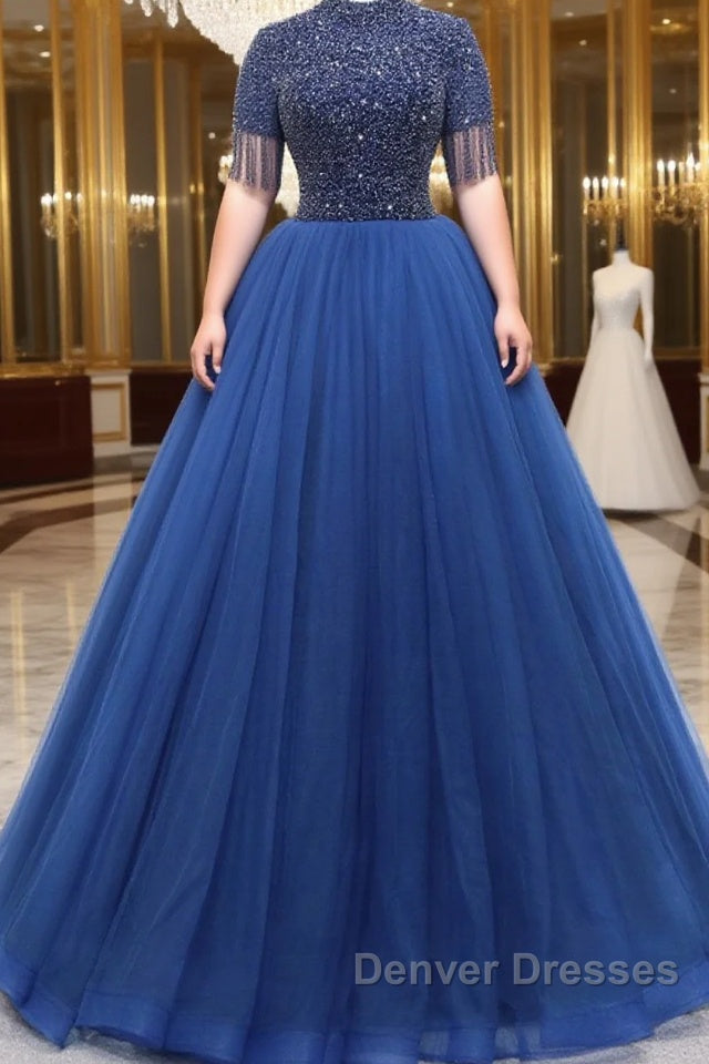A-Line Tulle Blue Long Prom Dress, Blue Formal Evening Dress with Beading Main image