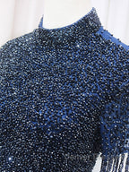 A-Line Tulle Blue Long Prom Dress, Blue Formal Evening Dress with Beading