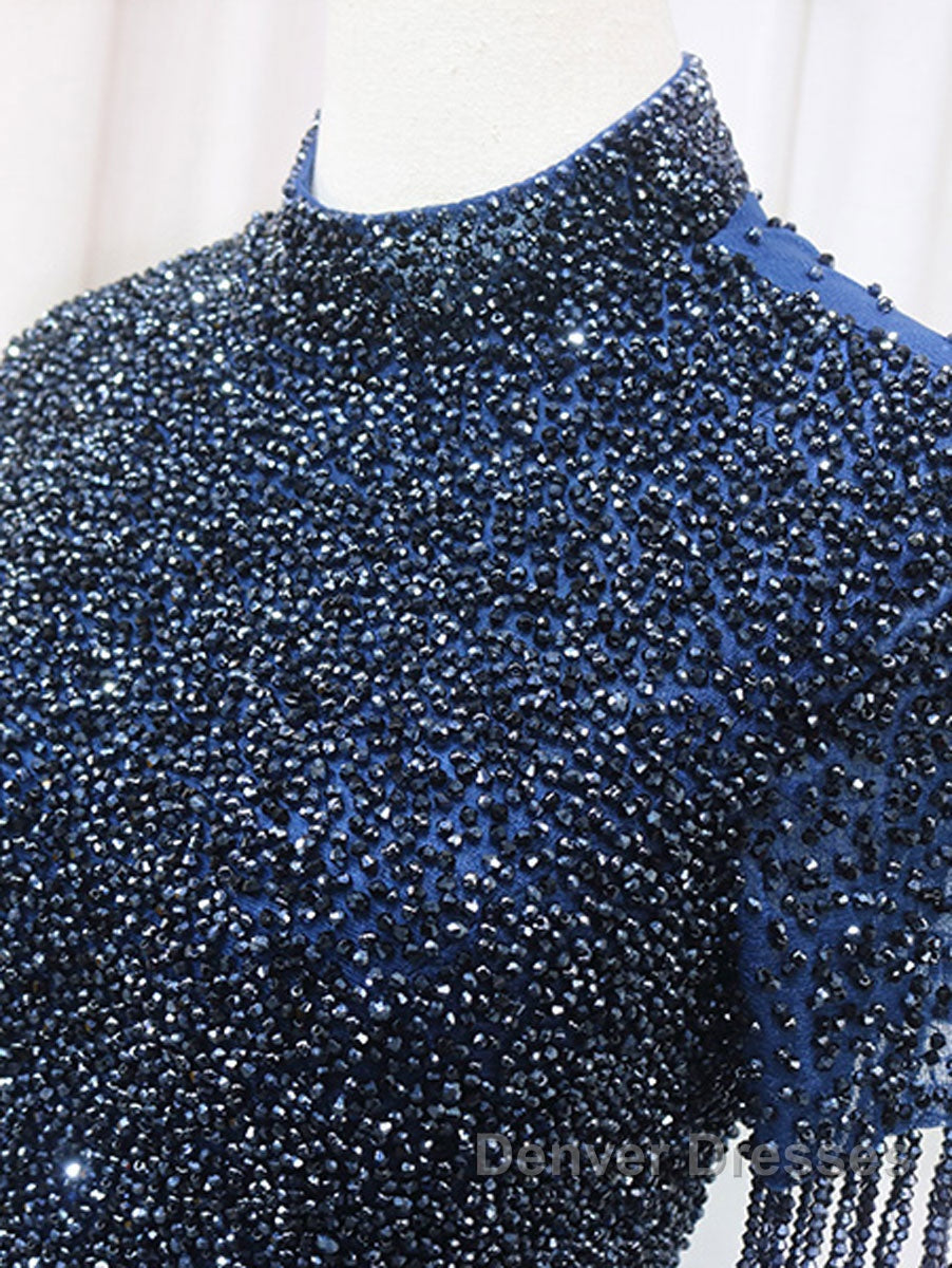 A-Line Tulle Blue Long Prom Dress, Blue Formal Evening Dress with Beading