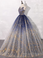 A-Line Tulle Blue Long Prom Dress, Blue Tulle Long Evening Dress