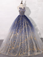 A-Line Tulle Blue Long Prom Dress, Blue Tulle Long Evening Dress