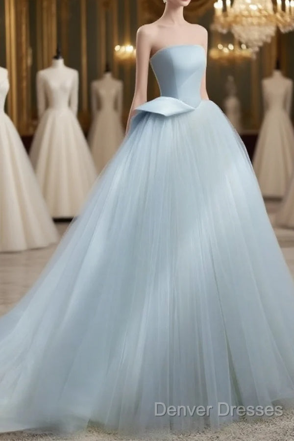 A-Line Tulle Blue Long Prom Dress, Blue Tulle Long Formal Dress