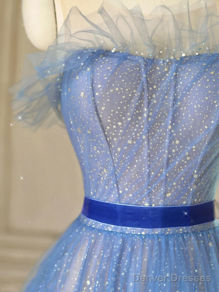 A-Line Tulle Blue Long Prom Dresses, Blue Tulle Formal Dresses Secondary image