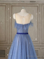 A-Line Tulle Blue Long Prom Dresses, Blue Tulle Formal Dresses
