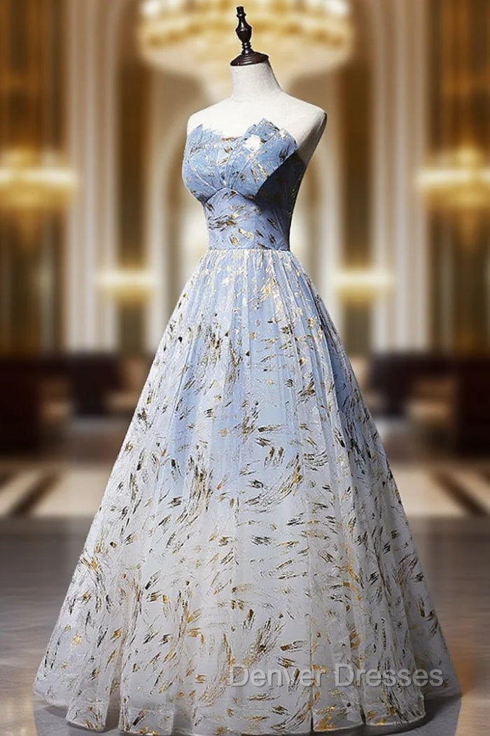 A-Line Tulle Blue Long Prom Dress, Blue Tulle Formal Graduation Dress