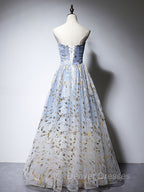 A-Line Tulle Blue Long Prom Dress, Blue Tulle Formal Graduation Dress