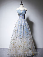 A-Line Tulle Blue Long Prom Dress, Blue Tulle Formal Graduation Dress