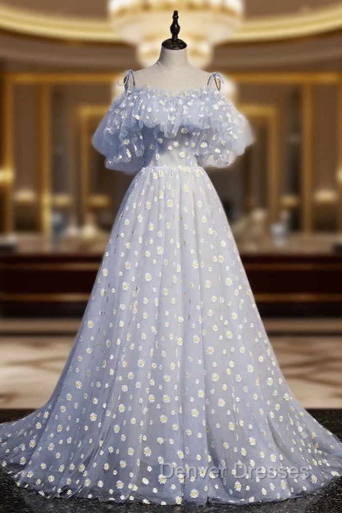 A-line Tulle Blue Off Shoulder Prom Dress, Long Evening Dress Party Dress Main image