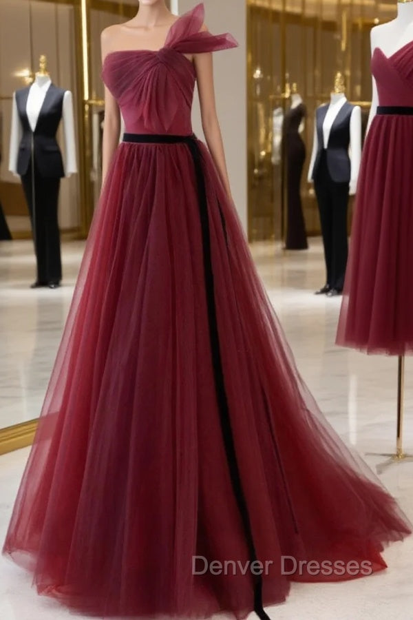 A-Line Tulle Burgundy Long Prom Dress, Burgundy Formal Evening Dress Main image