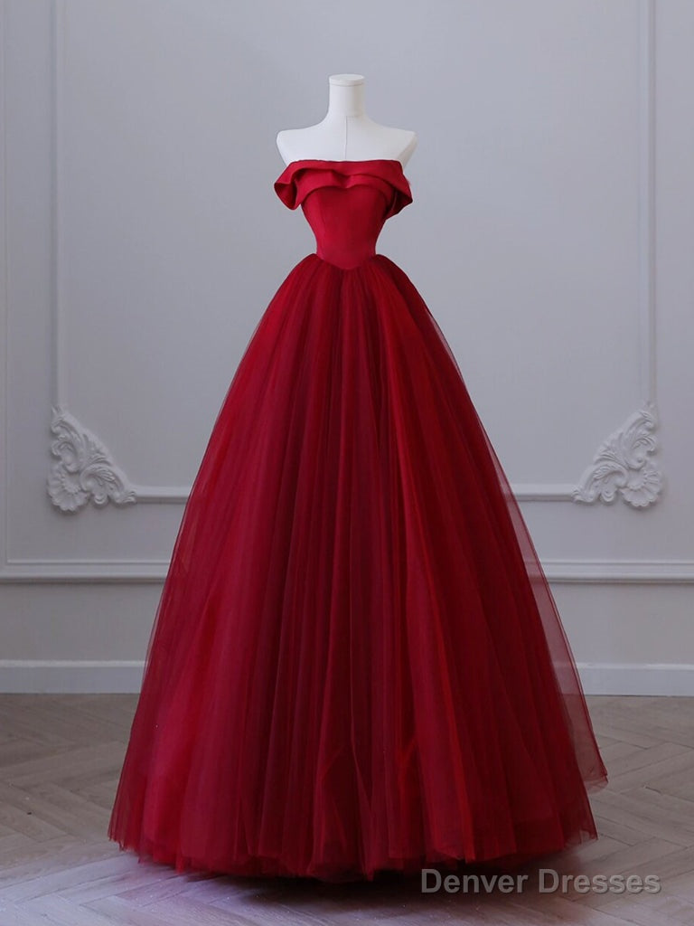 A-Line Tulle Burgundy Long Prom Dress, Burgundy Tulle Long Formal Dress Main image