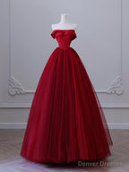 A-Line Tulle Burgundy Long Prom Dress, Burgundy Tulle Long Formal Dress