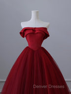 A-Line Tulle Burgundy Long Prom Dress, Tulle Burgundy Long Formal Dress