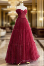 A-Line Tulle Burgundy Long Prom Dress, Tulle Long Formal Dress