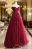 A-Line Tulle Burgundy Long Prom Dress, Tulle Long Formal Dress