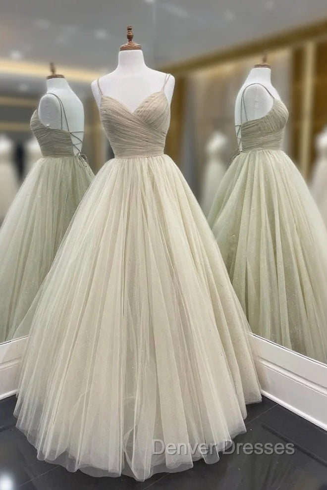 A-Line Tulle Floor Length Prom Dress, Spaghetti Strap Evening Party Dress