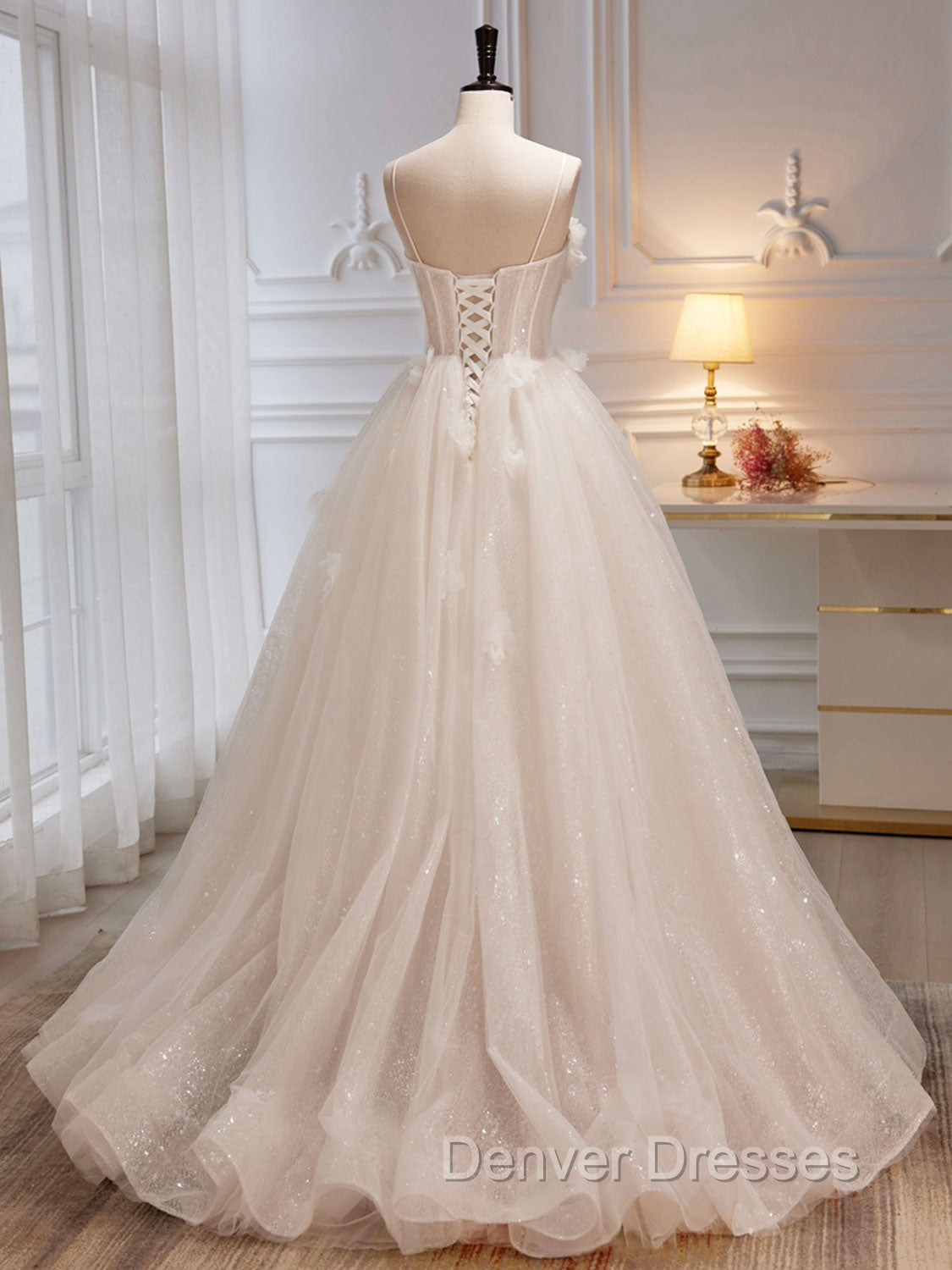 A-Line Tulle Flower Light Champagne Long Prom Dress, Shiny Formal Dress Secondary image