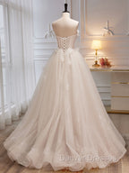 A-Line Tulle Flower Light Champagne Long Prom Dress, Shiny Formal Dress