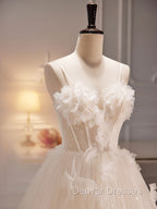 A-Line Tulle Flower Light Champagne Long Prom Dress, Shiny Formal Dress