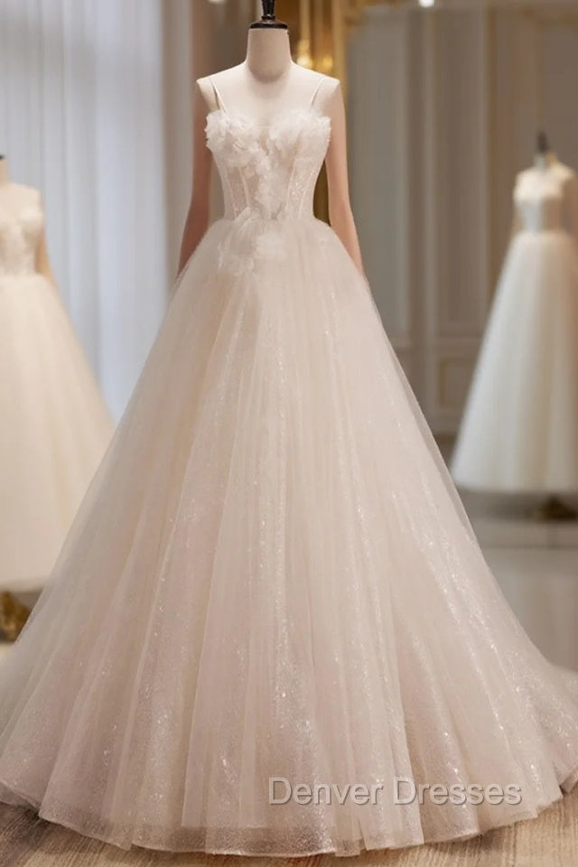 A-Line Tulle Flower Light Champagne Long Prom Dress, Shiny Formal Dress Main image