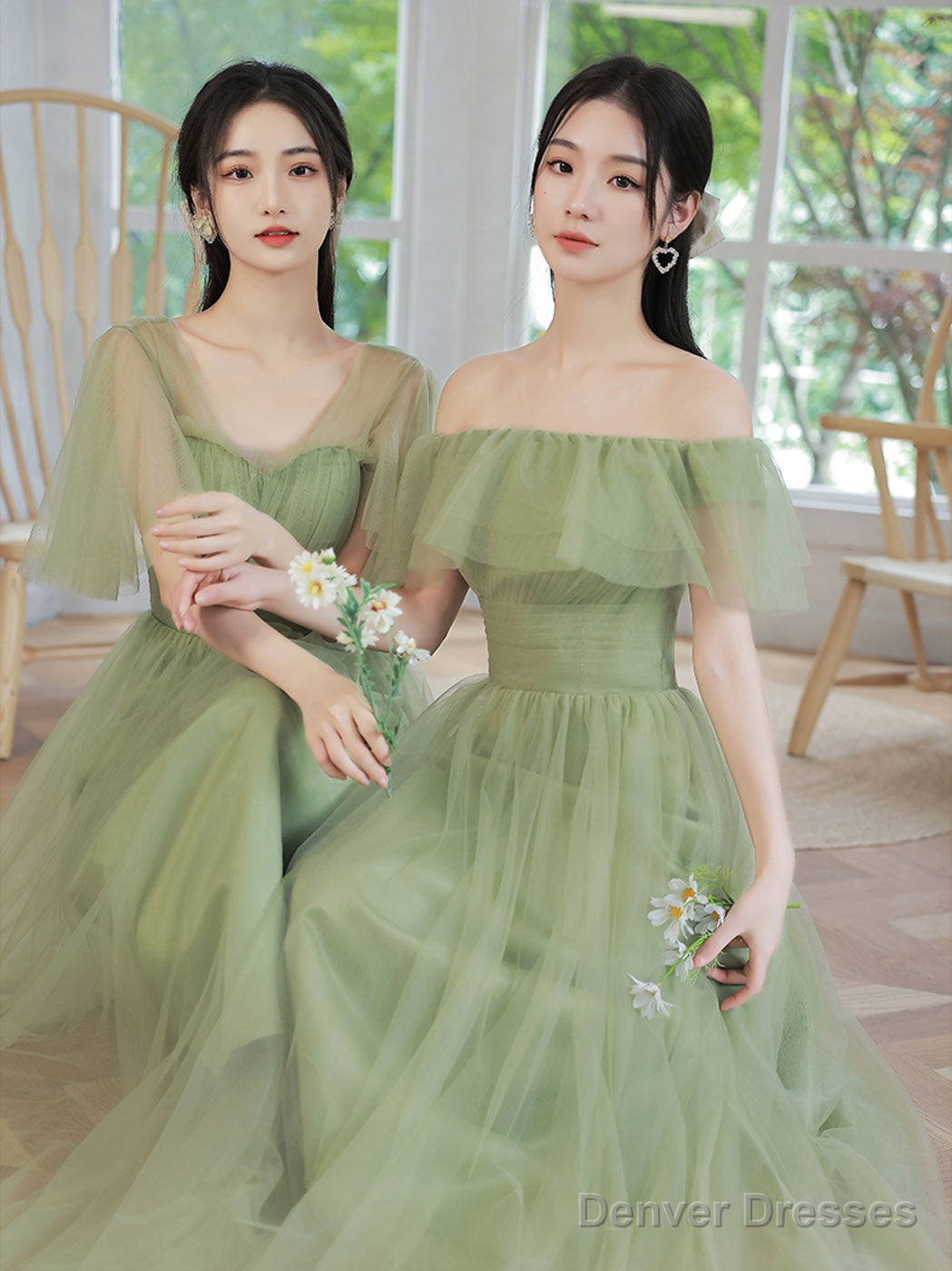 A-Line Tulle Green Long Prom Dress, Green Formal Evening Dress