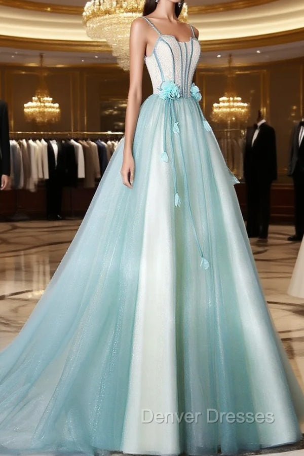 A-Line Tulle Green Long Prom Dress, Green Graduation Dress with Sweep Train
