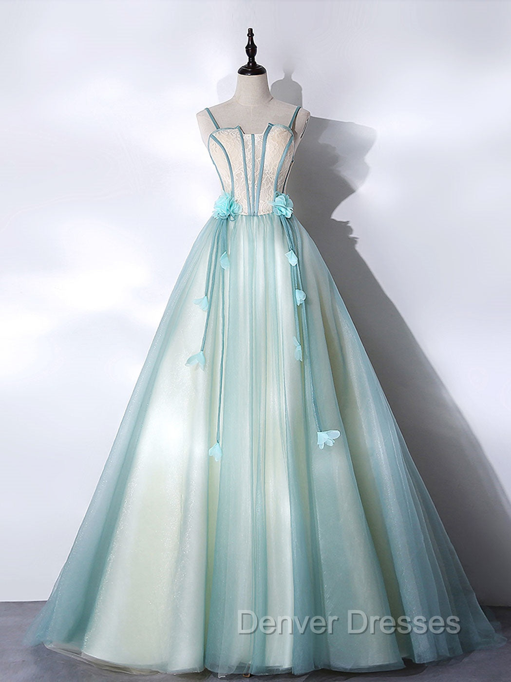 A-Line Tulle Green Long Prom Dress, Green Graduation Dress with Sweep Train Main image