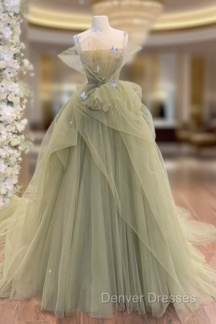 A-Line  Tulle Green Long Prom Dress, Green Tulle Long Sweet 16 Dress Main image