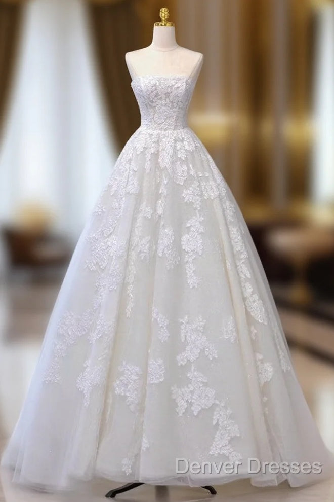 A-Line Tulle Lace Beige Long Prom Dress, Beige Long Formal Dress Main image
