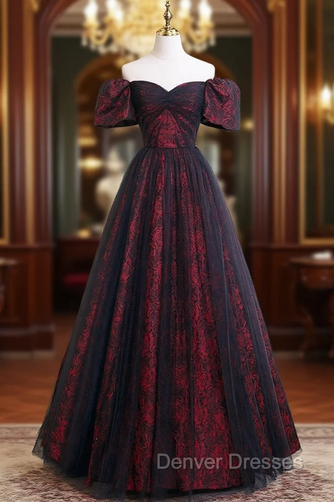 A-Line Tulle Lace Black/burgundy Long Prom Dress, Black/Burgundy Long Formal Dress