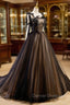 A-Line Tulle Lace Black Long Prom Dress, Black Formal Evening Dress