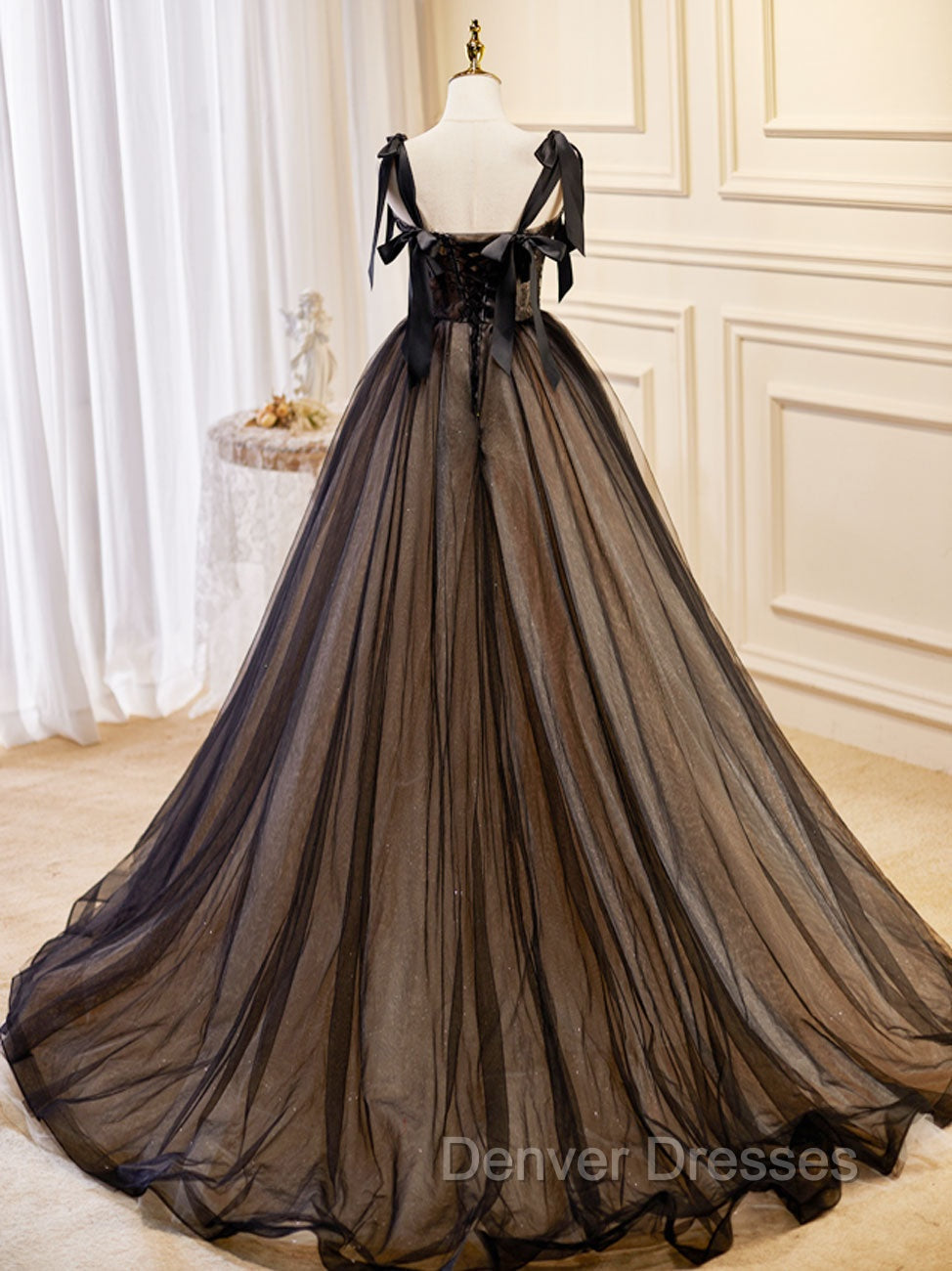 A-Line Tulle Lace Black Long Prom Dress, Black Formal Evening Dress