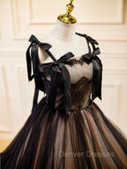 A-Line Tulle Lace Black Long Prom Dress, Black Formal Evening Dress