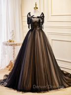 A-Line Tulle Lace Black Long Prom Dress, Black Formal Evening Dress