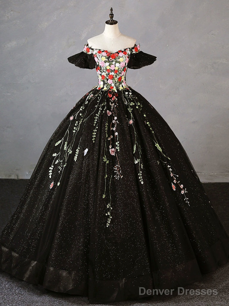 A- Line Tulle Lace Black Long Prom Dress, Black Lace Sweet 16 Dress Main image