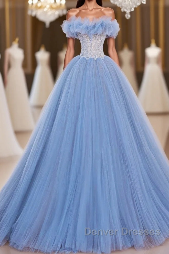 A-Line Tulle Lace Blue Long Prom Dress, Blue Lace Long Formal Dress