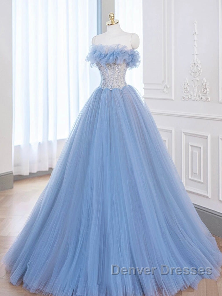 A-Line Tulle Lace Blue Long Prom Dress, Blue Lace Long Formal Dress Secondary image