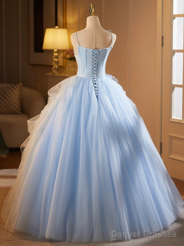 A-Line Tulle Lace Blue Long Prom Dress, Blue Long Sweet 16 Dress Secondary image