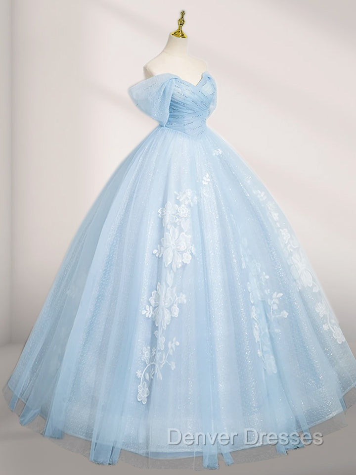 A-Line Tulle Lace Blue Long Prom Dress Off Shoulder Sky Blue Dress Secondary image