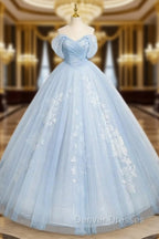A-Line Tulle Lace Blue Long Prom Dress Off Shoulder Sky Blue Dress