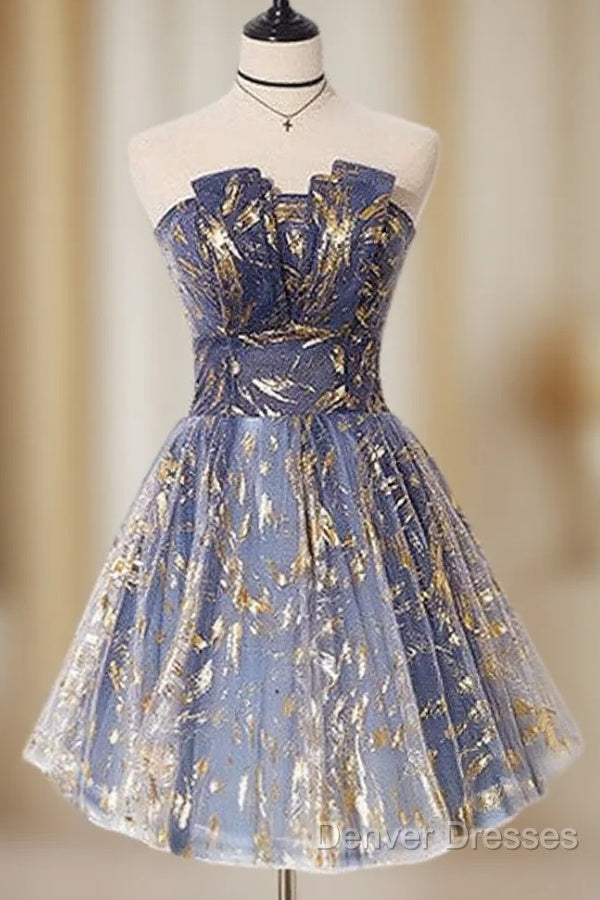 A-Line Tulle Lace Blue Short Prom Dress, Cute Blue Homecoming Dress