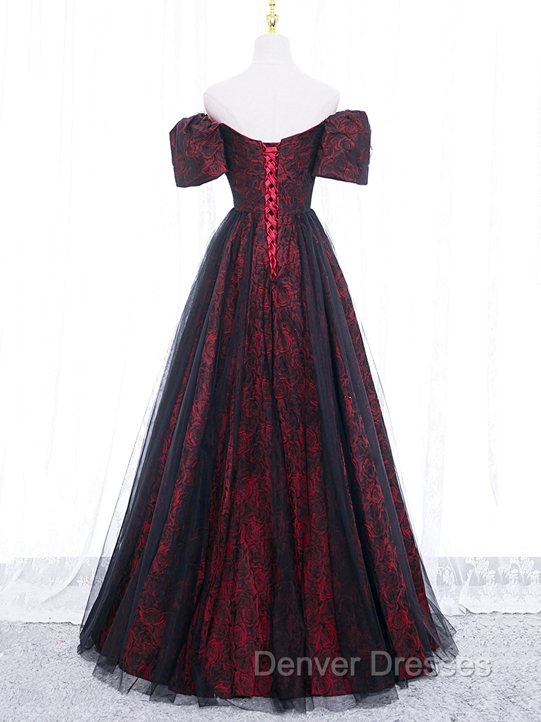 A-Line Tulle Lace Burgundy Long Prom Dress, Burgundy Long Formal Dress Secondary image
