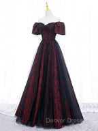 A-Line Tulle Lace Burgundy Long Prom Dress, Burgundy Long Formal Dress