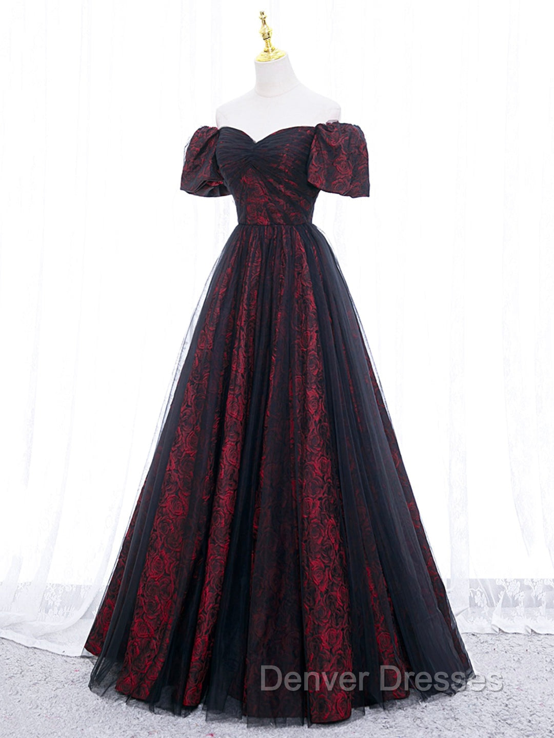 A-Line Tulle Lace Burgundy Long Prom Dress, Burgundy Long Formal Dress
