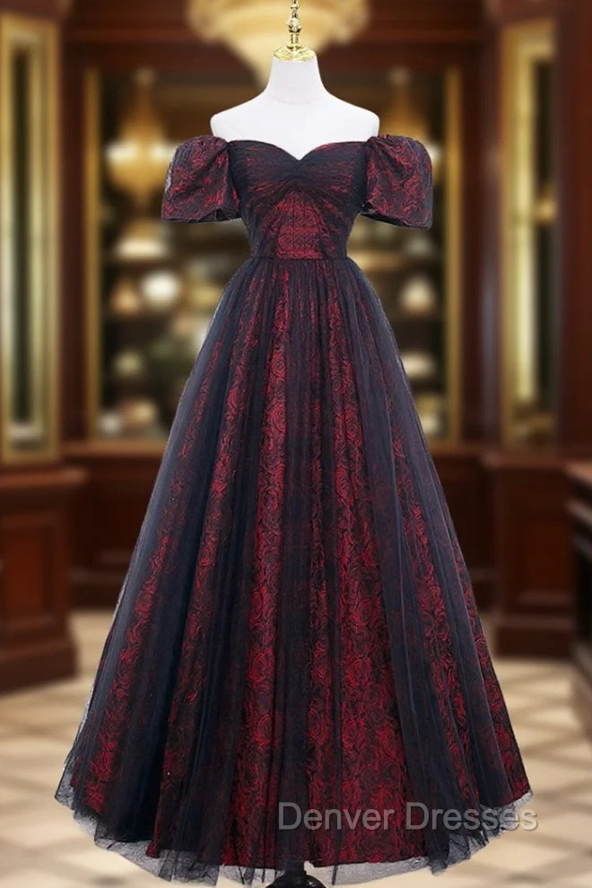 A-Line Tulle Lace Burgundy Long Prom Dress, Burgundy Long Formal Dress