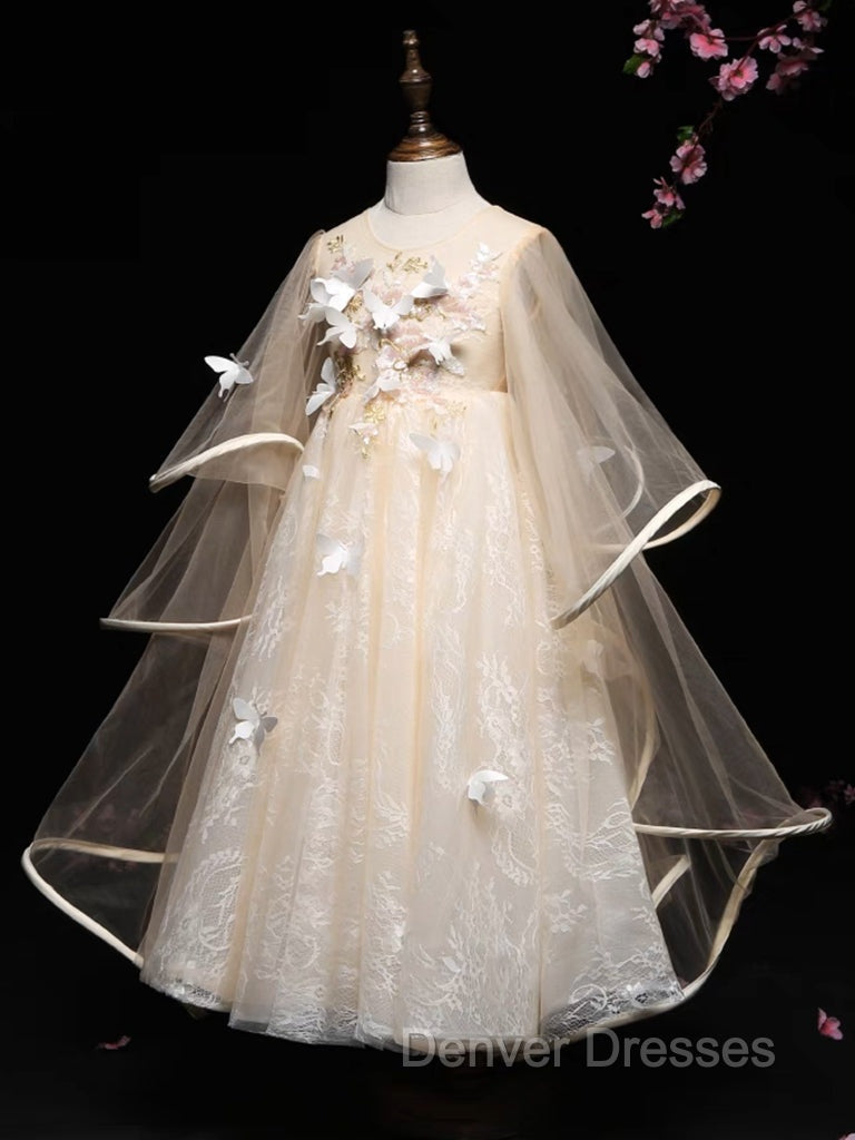 A-Line Tulle Lace Butterfly Champagne Flower Girl Dress Secondary image