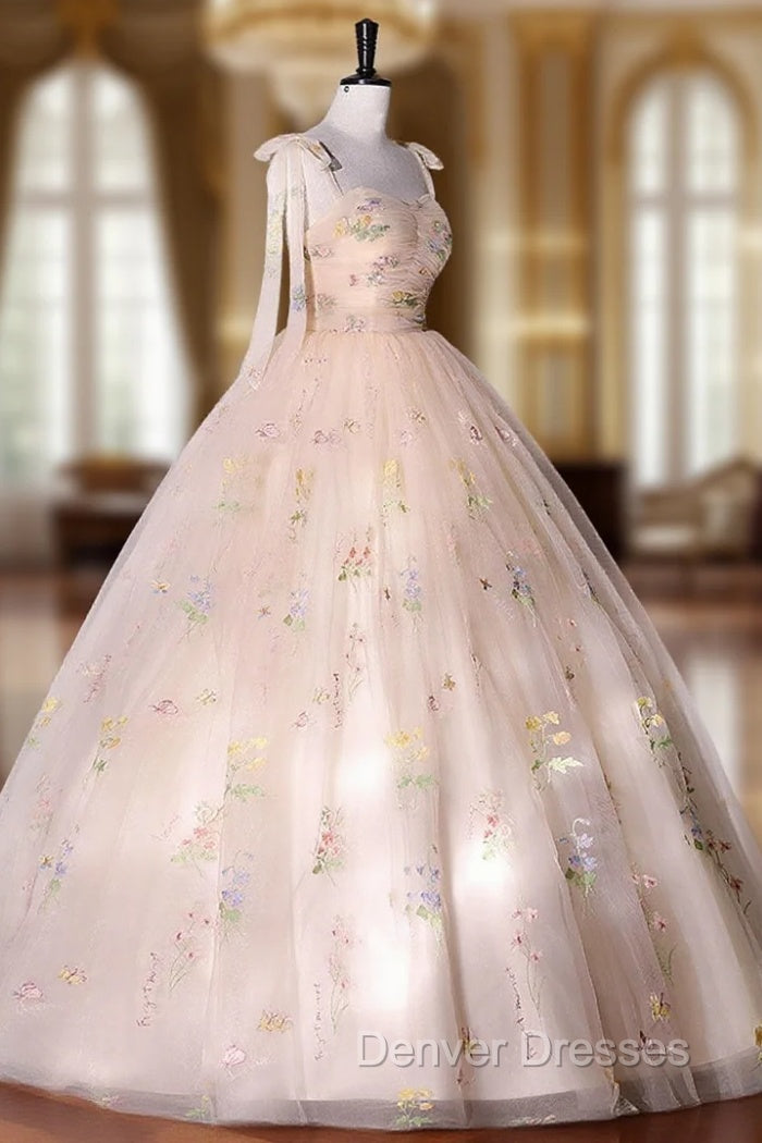 A-Line Tulle Lace Champagne Long Prom Dress, Champagne Formal Sweet 16 Dress