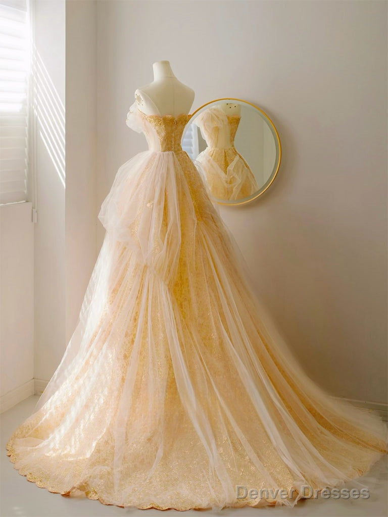 A-Line Tulle Lace Champagne Long Prom Dress, Champagne Long Formal Dress Secondary image