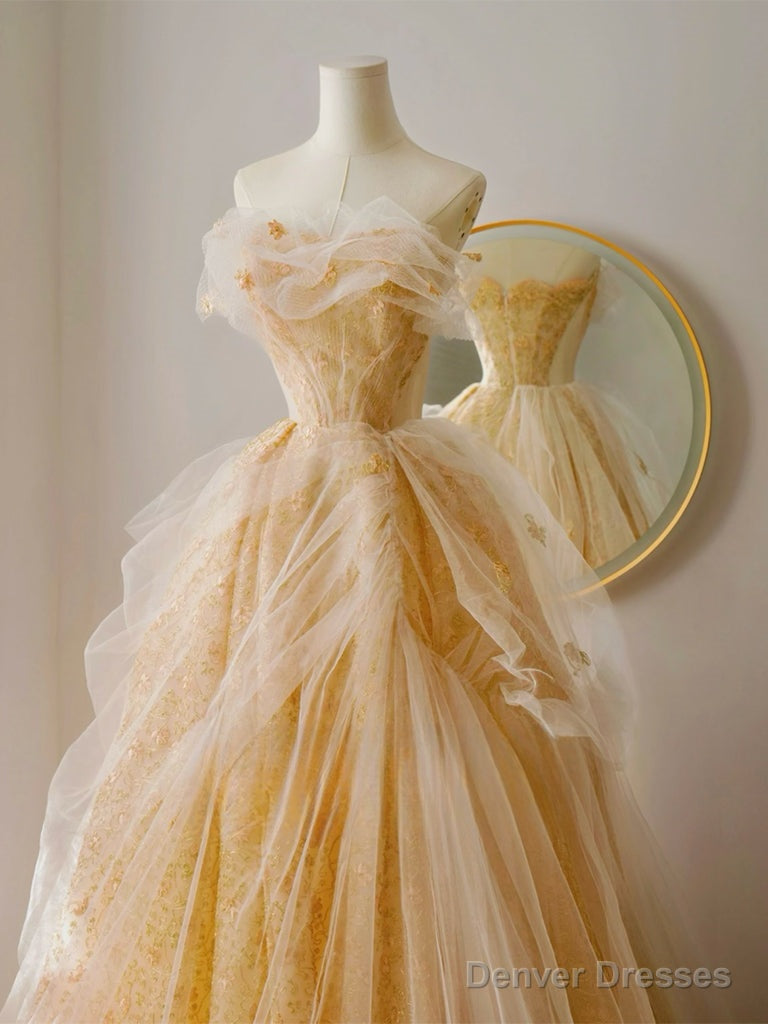 A-Line Tulle Lace Champagne Long Prom Dress, Champagne Long Formal Dress